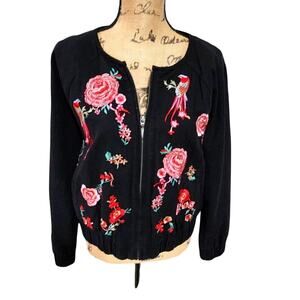 New York & company vintage embroidered floral pheasant bird bomber jacket size L